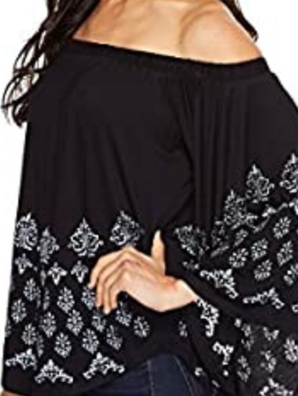 Karen Kane Black Off-Shoulder Tunic with White Damask Print